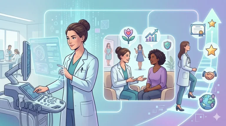 gynecologist learning intimate aesthetics gynecology procedures using advanced medical technology in a modern clinic