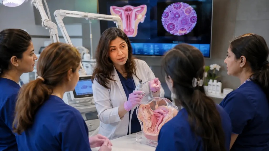 Gynaecologist learning advanced aesthetic gynaecology training with regenerative medicine and energy-based devices in a modern clinical setting