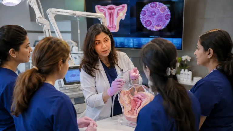 Gynaecologist learning advanced aesthetic gynaecology training with regenerative medicine and energy-based devices in a modern clinical setting