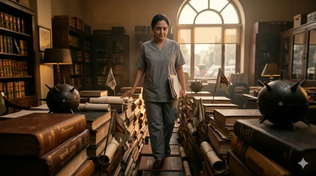Female gynaecologist reviewing legal compliance documents and medical device certifications in a modern aesthetic clinic