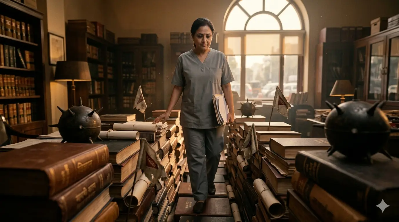 Female gynaecologist reviewing legal compliance documents and medical device certifications in a modern aesthetic clinic