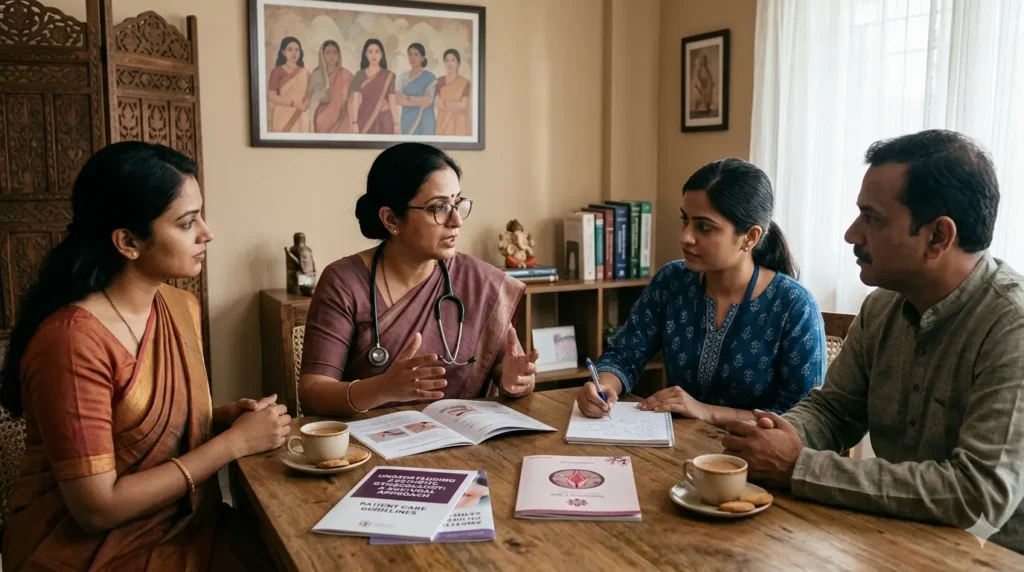 Cultural sensitivity in aesthetic gynaecology consultation with a female specialist providing patient-centered care in a private clinical setting in India.