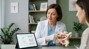 Specialized gynecologist consulting a patient about intimate aesthetics and regenerative gynecology treatments