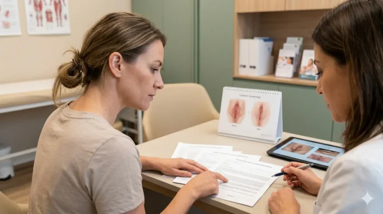 Informed consent in cosmetic gynaecology consultation with a specialist discussing procedure risks, expectations, and treatment options with a patient