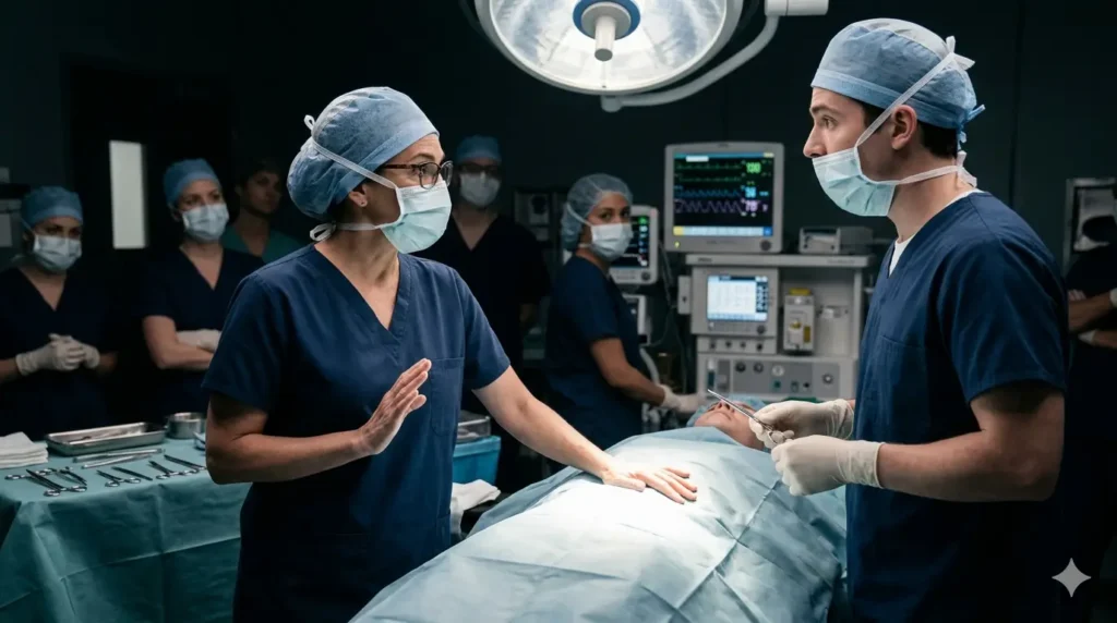 Aesthetic gynaecologist discussing treatment options with a patient during a detailed consultation focused on surgical suitability and informed decision-making