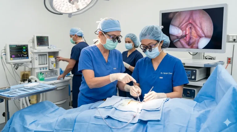 Psychologist and gynaecologist consulting with a female patient in a modern aesthetic gynaecology clinic