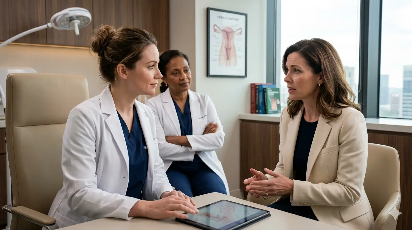 Doctor counseling a patient about realistic expectations in aesthetic gynaecology during a private clinical consultation