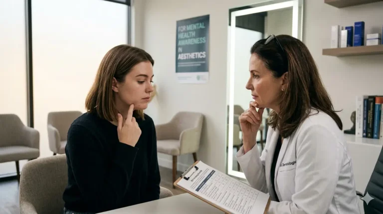 A medical practitioner consulting a patient, illustrating the process of screening for BDD in aesthetics.