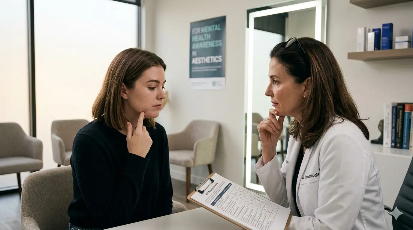 A medical practitioner consulting a patient, illustrating the process of screening for BDD in aesthetics.